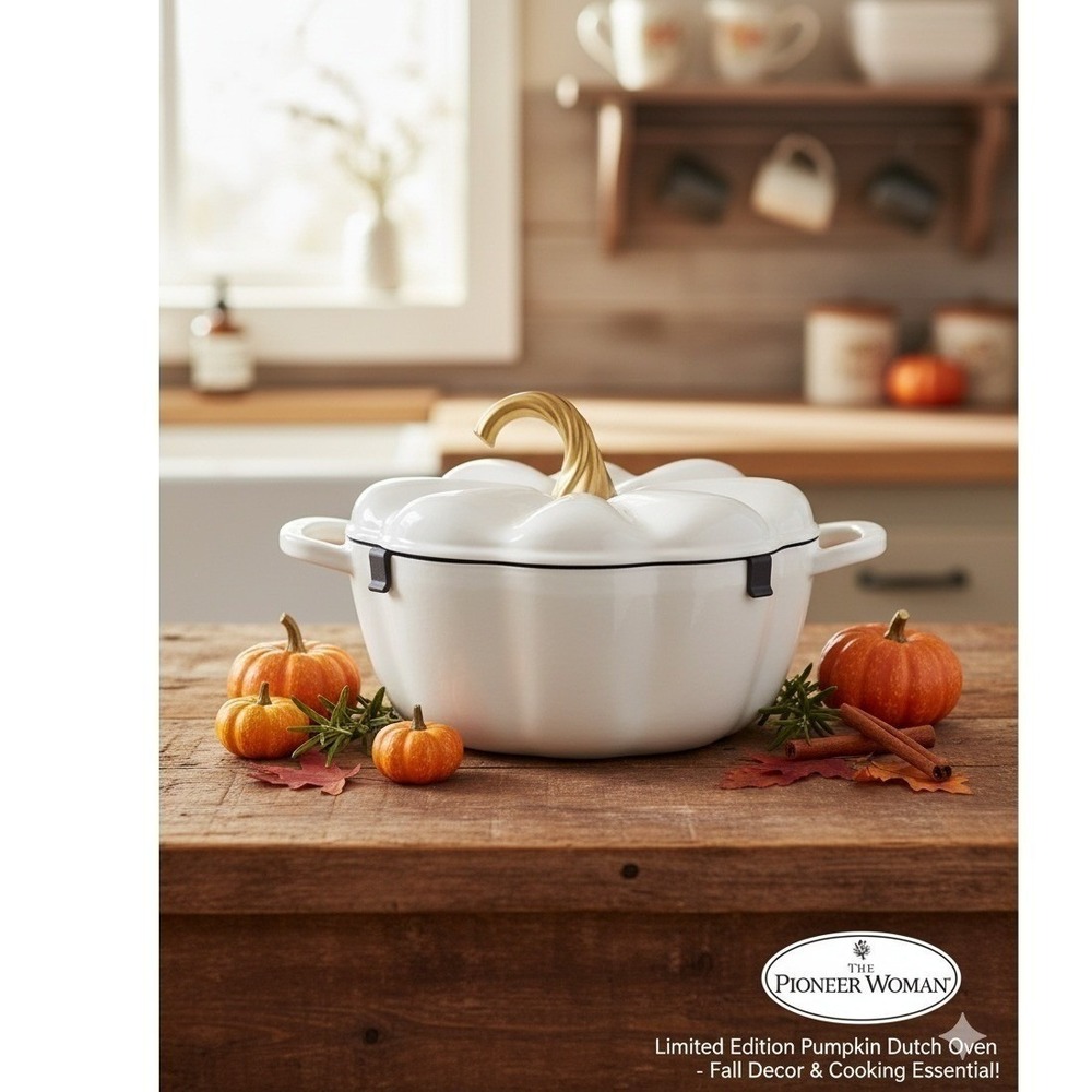 Pioneer Woman Pumpkin 3.5 Qt Cast Iron Dutch Oven White Gold Handle Fall
